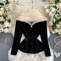 New Autumn Women Gold Velvet Blouse Girl Mesh Patchwork Shirt Spring Long Sleeve Blousas Basic Tops Pullovers Bottomings WZ1268 1