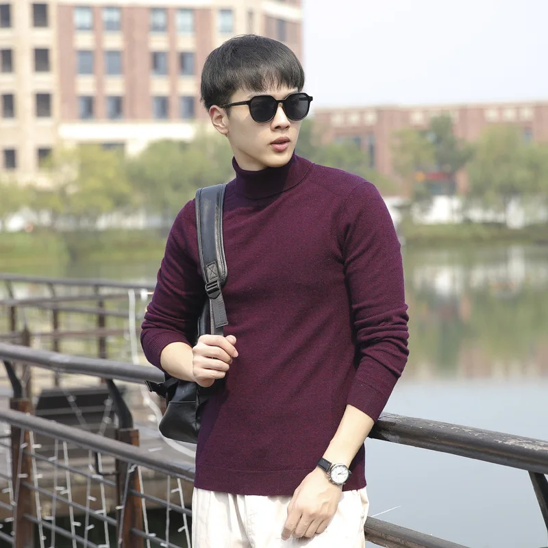 purple Sweaters Мужская одежда, Новые свитера, шерсть, пуловеры с отложным воротником, свитер с длинным рукавом, однотонная Повседневная Нижняя рубашка, зимний свитер - Цвет: purple Sweaters