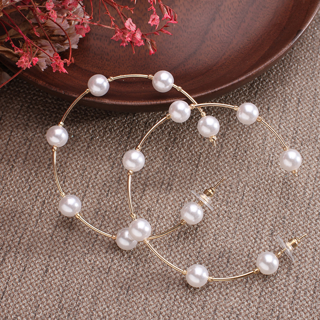 Plain Gold Color Metal Pearl Hoop Earrings Fashion Big Circle Hoops Statement Earrings for Women Party Jewelry