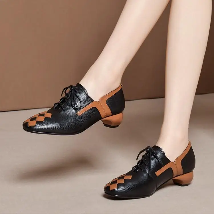 

Autumn with deep mouth single shoes with leather autumn female thick with square head layer cowhide women's shoes