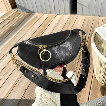 

Chain Crossbody Bag for Women 2020 Black Shoulder Bags Woman PU Leather Saddle Bags Semicircular Lady Tote Double Strap Hangdbag