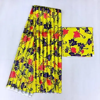 

Yellow Gahna Style satin silk fabric with organza ribbon African wax design african wax prints for party 4+2yards 30