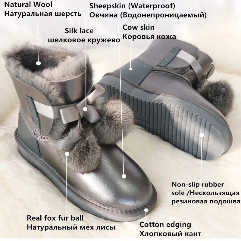 G& Zaco/роскошные ботинки из овечьей кожи; водонепроницаемые зимние ботинки; женская овечья шерсть; ботинки на меху с лисьими помпонами; женская зимняя обувь на плоской подошве
