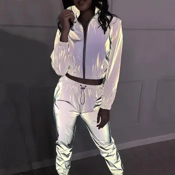 

Women Windbreak Set Reflective Two Piece Set Casual Hip Hop Jackets Night Light Clothes Long Pant Suit 2019 Plus Size #0612