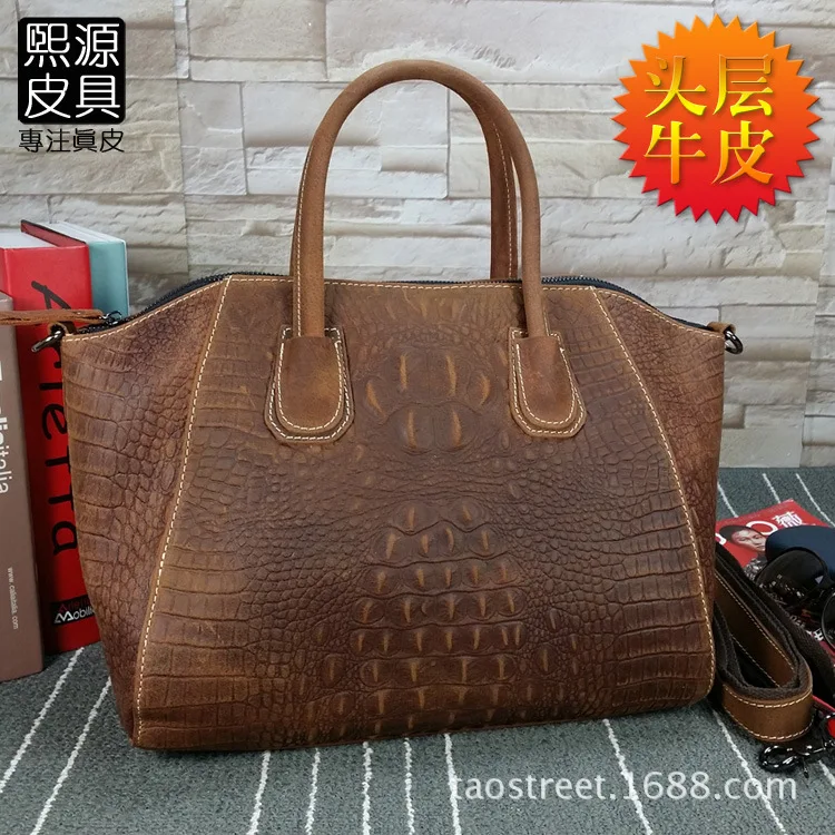 

Europe And America Full-grain Leather Horse Leather Crocodile Pattern WOMEN'S Leather Bags Middle-aged Women's Large-Volume Ster
