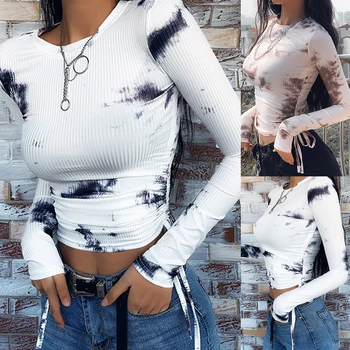 

2020 Tie Dye Print Ribbed Women T Shirt Crop Top Bandage Long Sleeve Sexy Streetwear Summer Clothes Drawstring Dropshipping