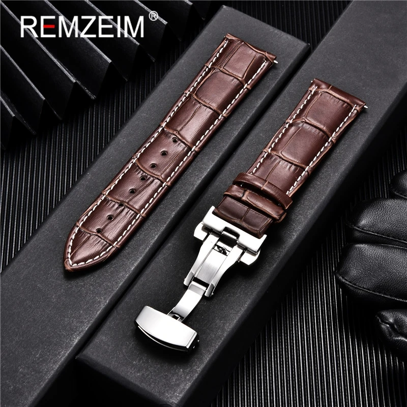 Embossed Genuine Leather Strap with Automatic Butterfly Buckle - Business Watchband