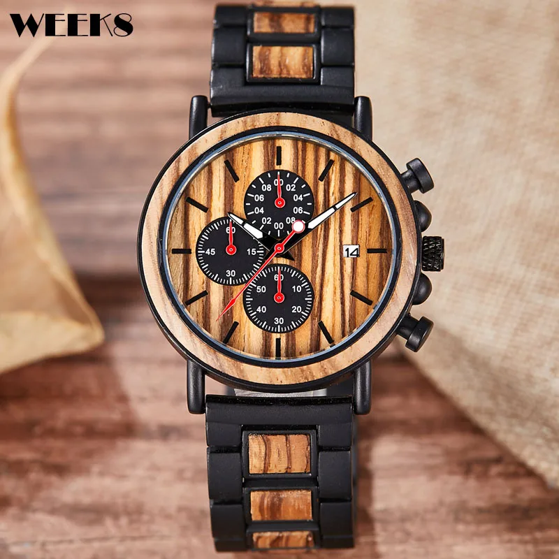 Bamboo Metal Wood Watch for Men Watch Relogio Masculino Chronograph Calendar Date Sport Mens Male Ebony Wooden Quartz Wristwatch upgrade for levin corolla sport type wood leather steering wheel 2019 2022 year