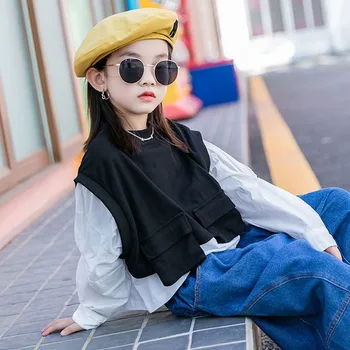 

2020 Autumn Gray Black Patchwork Sweatshirt Teenage Girls Cotton Long Sleeve Sport Tops Kids Pockets Hoodies Girl Children Hoody