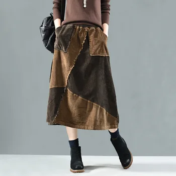 

Autumn Winter Women's Elegant Long Skirt Elastic High Waist Plus Size Loose A-line Patchwork Vintage Corduroy Midi Skirts Female