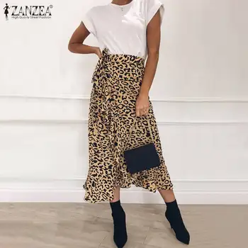

2020 ZANZEA Women Leopard print Skirts Summer Bohemian High Waist Skirt Casual Beach Ruffles Vestido Midi Skirts Streetwear Jupe
