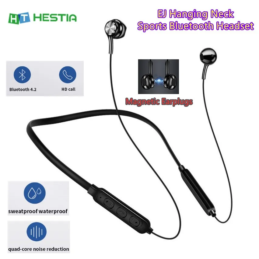 

EJ Hanging Neck Sports Bluetooth Headset 4.2 Wireless Connection Headphone Magnetic Earplugs Noise Reduction Waterproof Earphone