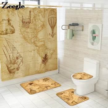 

Map Printed Bath Mat Bathroom Carpet with Flannel Shower Curtain Absorbent Non-Slip Toilet Seat Cover Rug Set