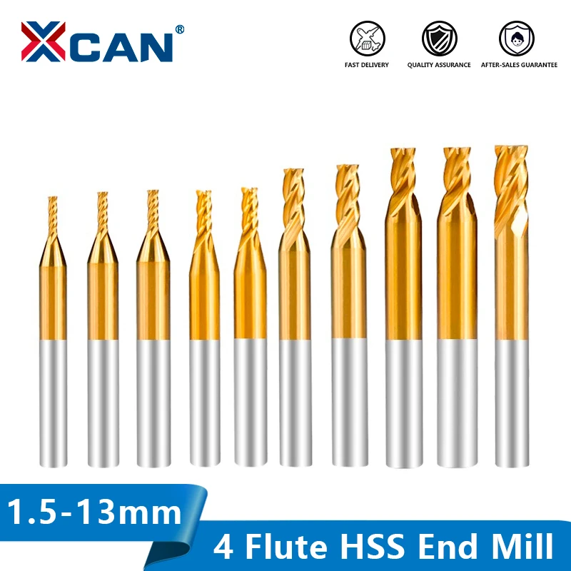 XCAN 4 Flute CNC Router Bit HSS Milling Cutter 1.5-13mm Titanium Coated Straight Shank End Mill for Machining Tool | Инструменты