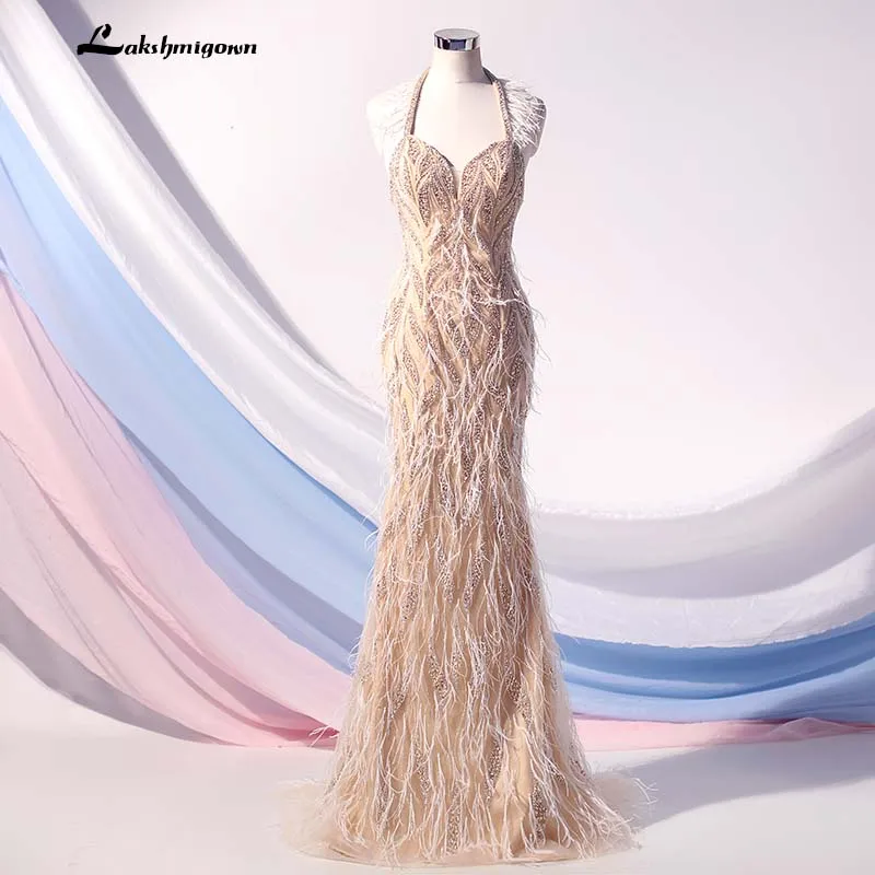 picture color Lakshmigown кутюр Холтер вечернее платье из перьев Длинные Обнаженные Кристаллы бисером спинки Формальное вечернее платье Robe De Soiree - Цвет: picture color