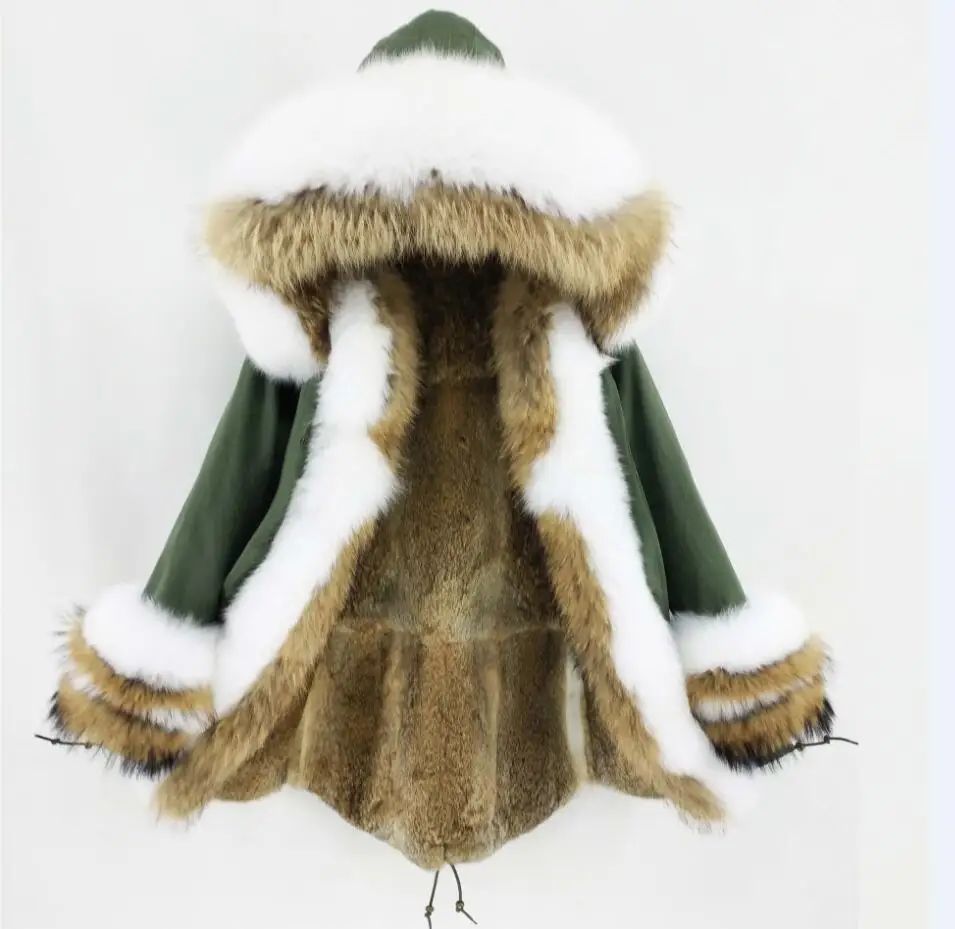 Green- rabbit liner Длинная парка из натурального меха пальто из енота, лисы меховой капюшон, воротник манжеты кролик лайнер верхняя одежда новая зимняя куртка для женщин - Цвет: Green- rabbit liner