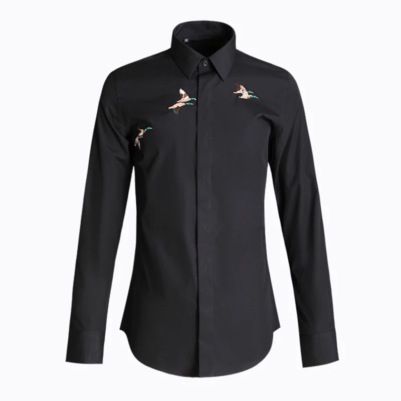 Черный Wild Goose простая вышитая Мужская рубашка с длинным рукавом, однотонная тонкая рубашка camicas Social masculina, брендовые деловые мужские рубашки, M-4XL - Цвет: Черный