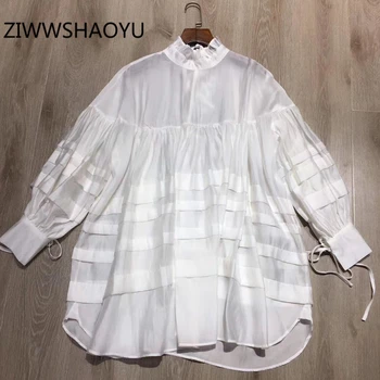 

ZIWWSHAOYU Fashion Female Summer White High Street Loose Dress Runway Designer Women Stand Collar Bow Mini Dresses Vestidos