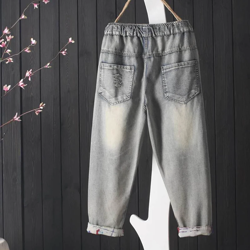 Новые летние стильные женские джинсовые капри с эластичной резинкой на талии, винтажные рваные джинсы из хлопка с вышивкой, свободные джинсы S492