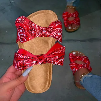 

2020 Summer Cork Women's Sandals Butterfly-knot Printed Outside Slippers Slip-on Ladies Cute Flat Hot Sales