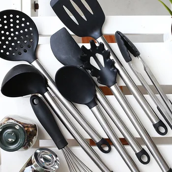 

New 8 Piece Kitchen Utensil Set Stainless Steel and Black Silicone Modern Nonstick Utensils Cooking Tools