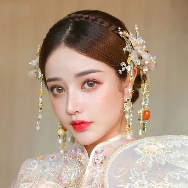 

NiuShuya High Classical Chinese Style Golden Phoenix Crown Headdress Vintage Costume Tassel Xiuhe Hanfu Wedding Hair Accessories