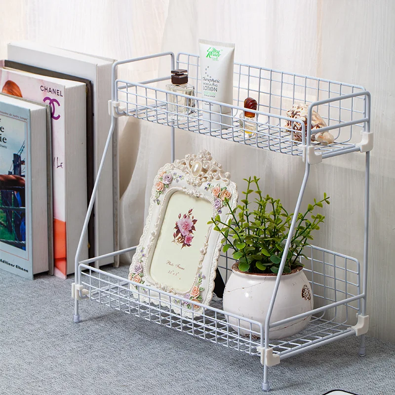 

Kitchen Bathroom Toilet Dresser Desk Cosmetics Multifunctional Iron Double Shelf Storage Shelves Daily gadget storage