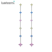 LUOTEEMI, привлекательный маленький цветок, длинная цепочка, Висячие серьги для женщин, свадебные, двойные цвета, модные серьги с подвесками, ювелирное изделие