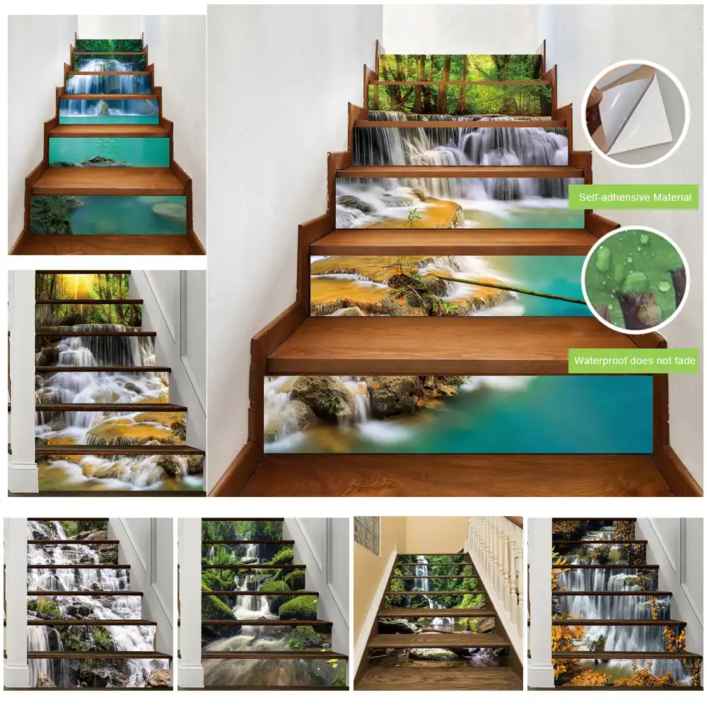 13Pcs/set Mountain Stream Waterfall Stairway Wall Stickers Room Stairs