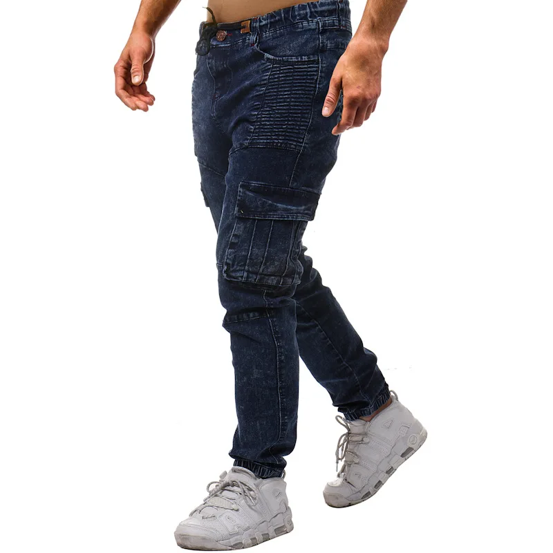 

Men Elastic Pleated Side Pockets Cotton Washing with Drawstring Casual Jeans Men Demin JEANS P