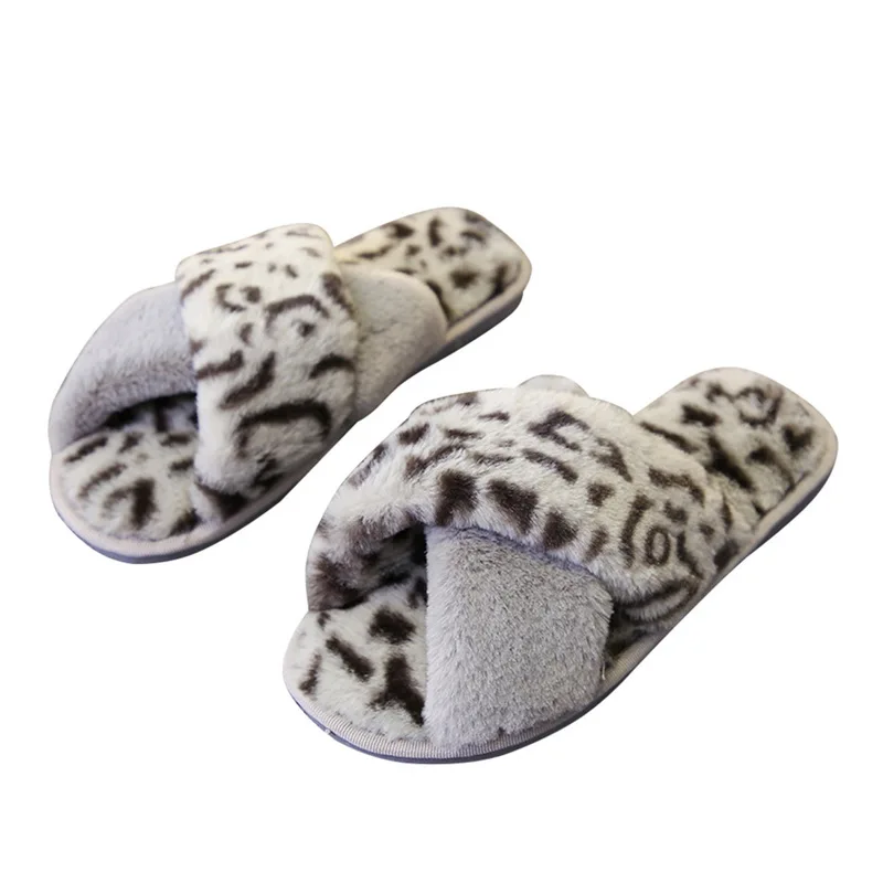 leopard gray Модные зимние женские домашние тапочки с искусственным мехом; модная домашняя теплая обувь; женские слипоны на плоской подошве; женские шлепанцы; Цвет Черный; размер 41 - Цвет: leopard gray