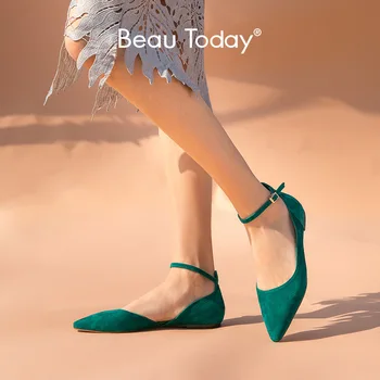 

BeauToday Sandals Women Brand New Kid Suede Pointed Toe Ankle Buckle Strap Cover Heel Ladies Summer Flats Handmade 30063