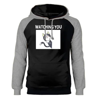 

Animal Cat Watching You Hoodies Men Kawaii Cute Raglan Hooded Sweatshirts Hoodie Sweatshirt Winter Autumn Fleece Warm Sportswear