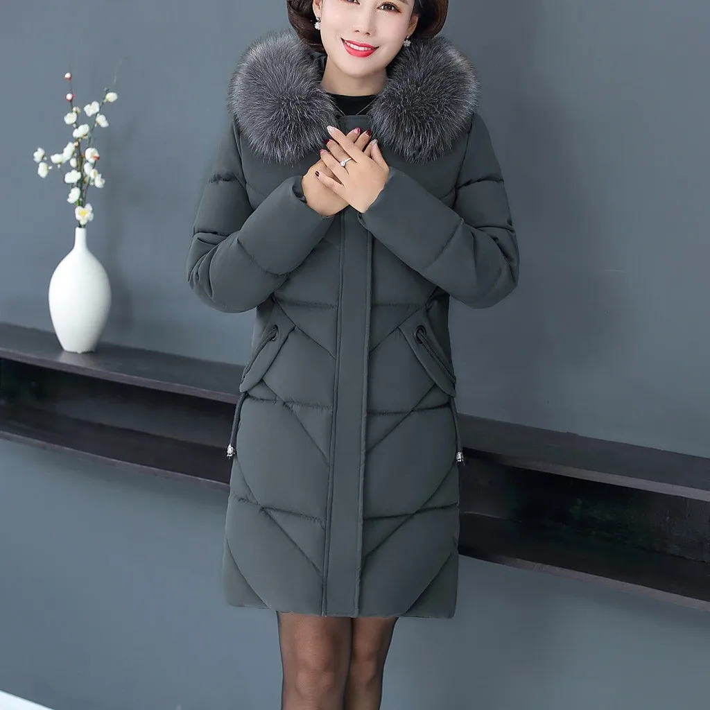 KANCOOLD с капюшоном плюс уплотненный пуховик для женщин длинный теплый тонкий пуховик модные длинные рукава верхняя одежда на молнии воротник из искусственного меха XL-7XL