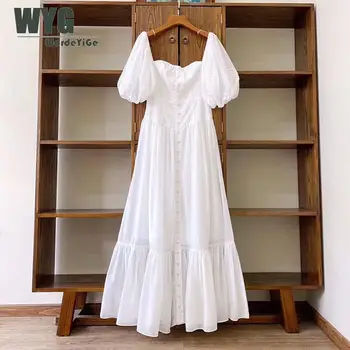 

Romantic White Long Dresses 2020 Summer New England Fashion Style Short Lantern Sleeve Slim Elegant Off the Shoulder Dress