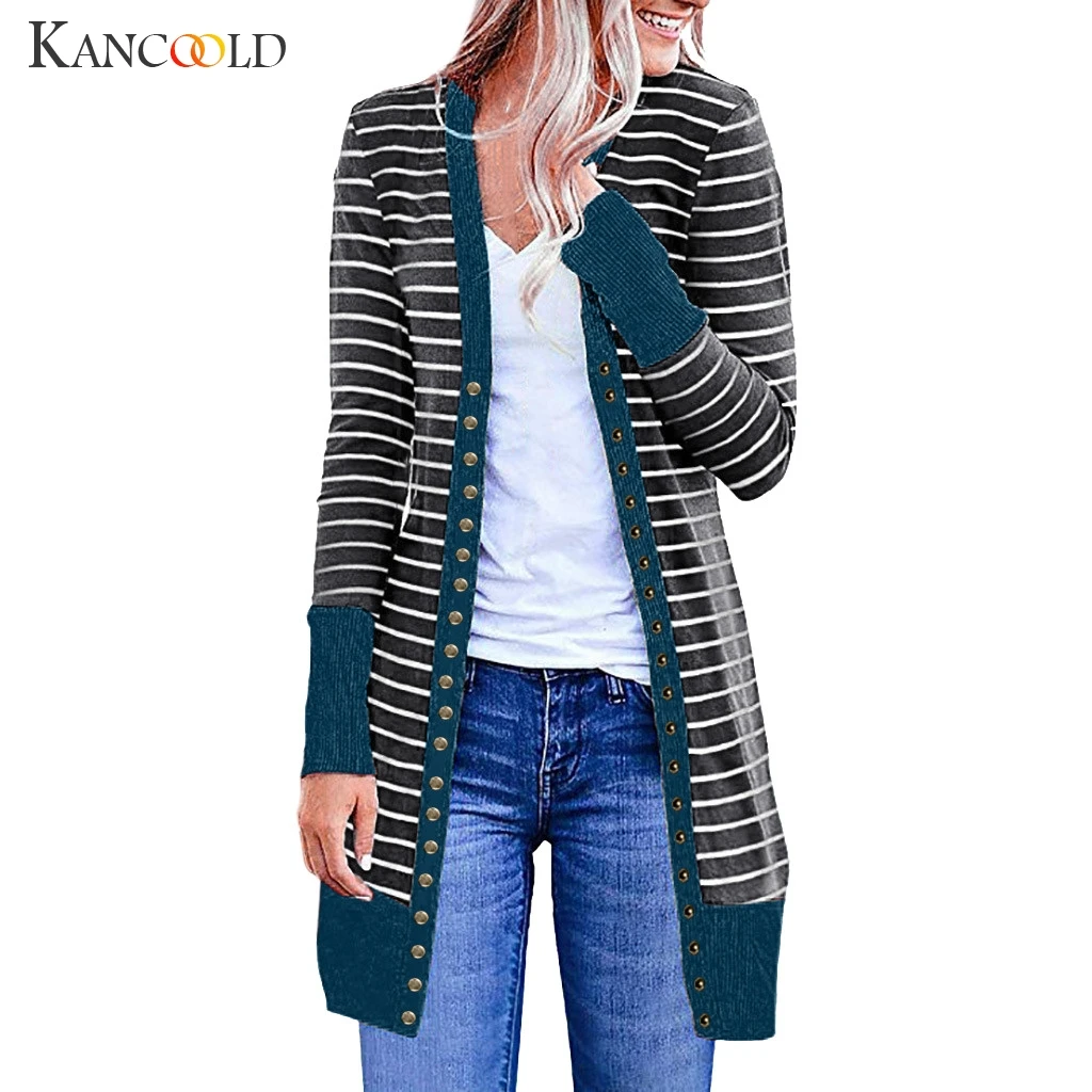 

KANCOOLD coats BRIT GRAPHICS Casual Long Sleeve Stripe Patchwork Long Cardigan Top fashion new coats and jackets women 2019Sep11