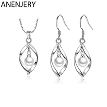 ANENJERY 925 пробы серебряные Ювелирные наборы имитация жемчуга твист капли воды ожерелье+ серьги для женщин подарок