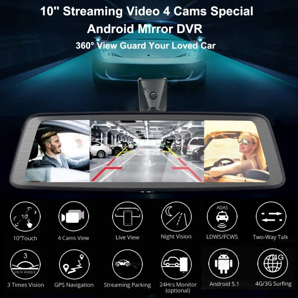 4G 4-канальный Автомобильный видеорегистратор ADAS камера 1" 2G+ 32G Android 5,1 потоковое зеркало заднего вида FHD 1080P рекордер WiFi для панели, GPS Cam РЕГИСТРАТОР