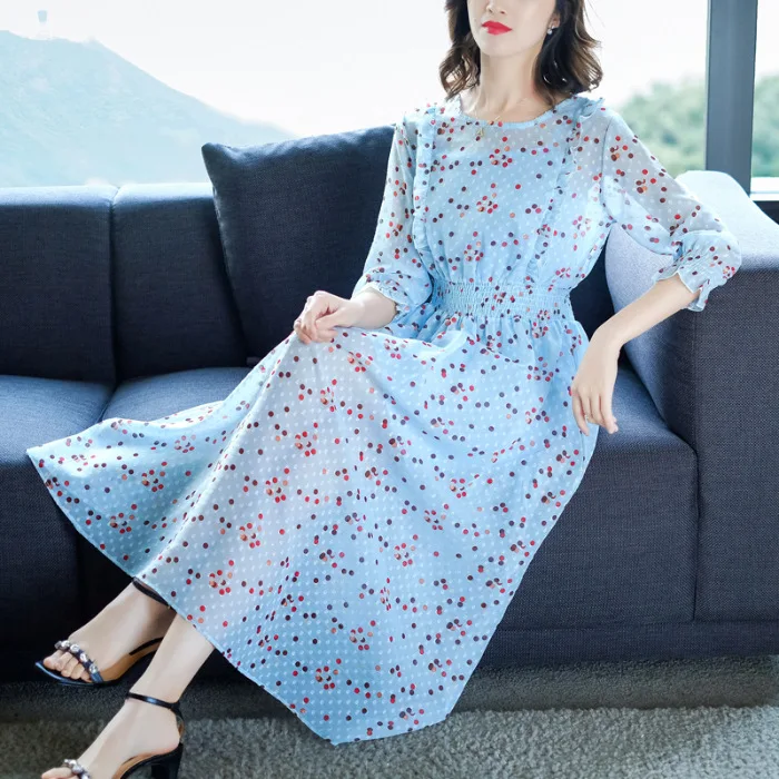 

Elegant Blue Polka Dots Printed Large Size Waist Hugging Chiffon Dress Women's 2019 Summer New Style Holiday Beach Skirt