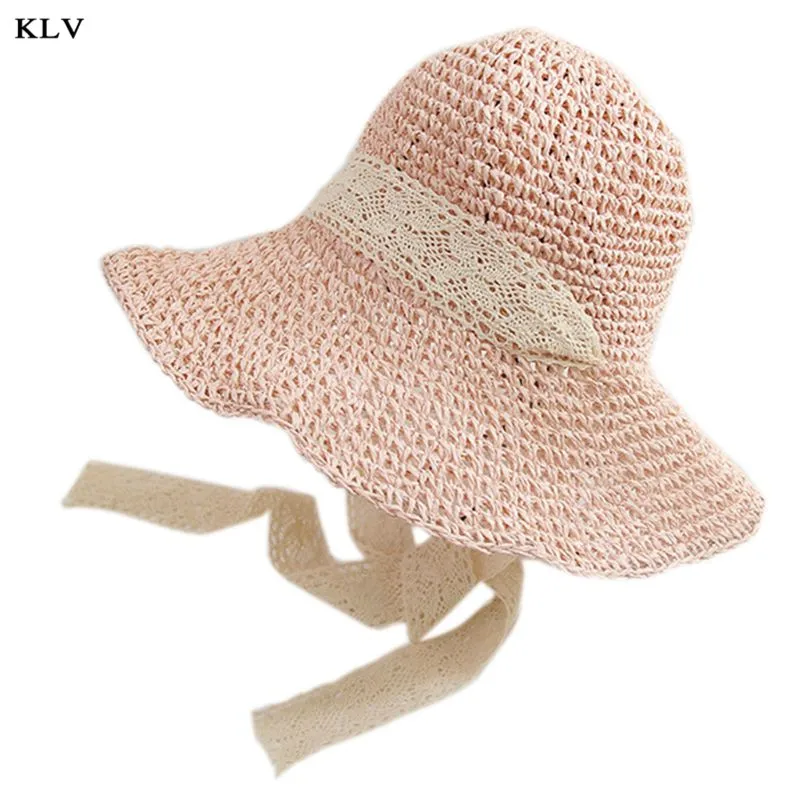 Light Pink Японская литературная летняя соломенная Рыбацкая шляпа для девочек, вязаная крючком длинная Цветочная кружевная лента с широкими полями, складная Солнцезащитная пляжная шапка - Цвет: Light Pink