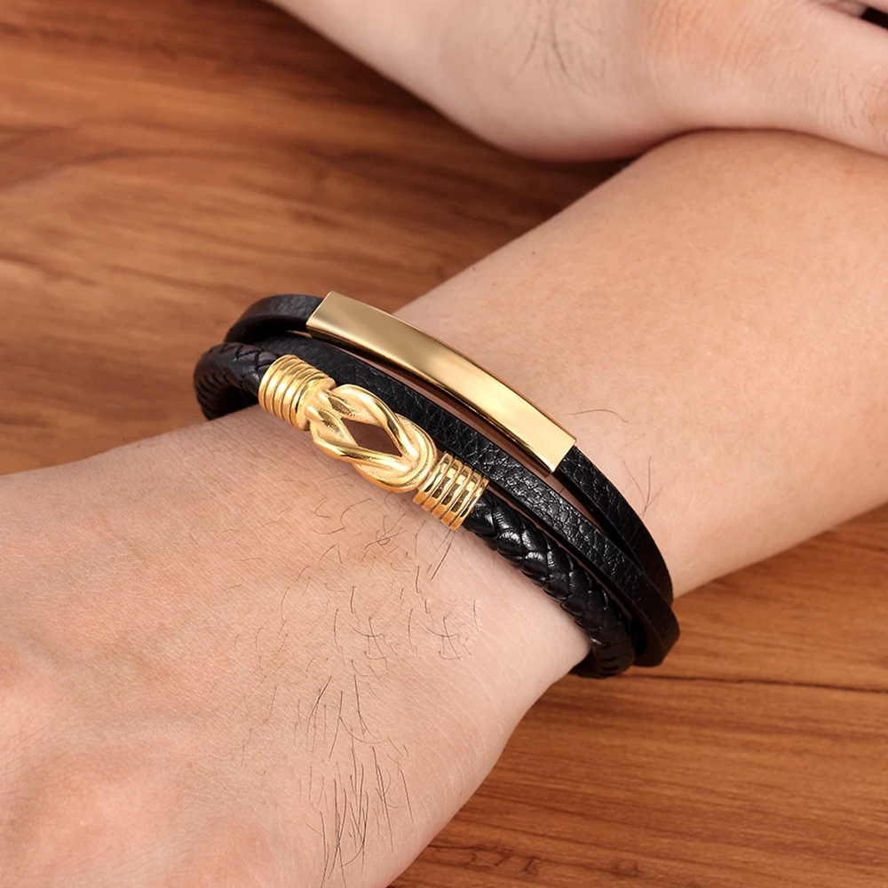 Men Bracelet Genuine Leather Braided Rope Gold Silver Color Trendy Charm Stainless Steel Wholesale Accessories Bangles Jewelry