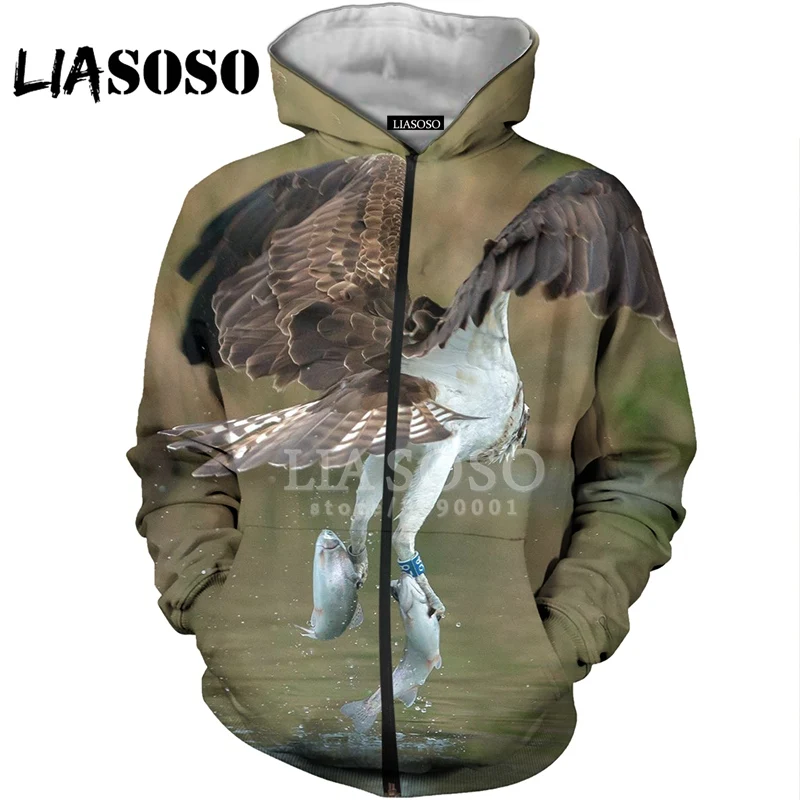 LIASOSO 3D принт для женщин мужчин птицы ловля рыба змея лиса толстовки с капюшоном кофты куртка на молнии повседневные топы X2838