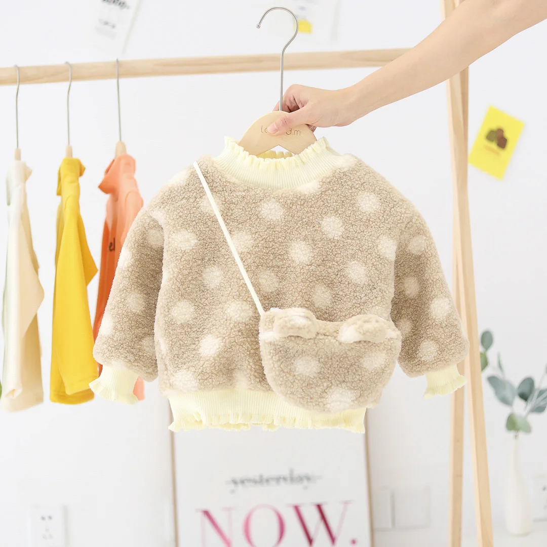 WLG winter kids t shirts warm polka dot casual clothes girls velvet fashion tops with bag