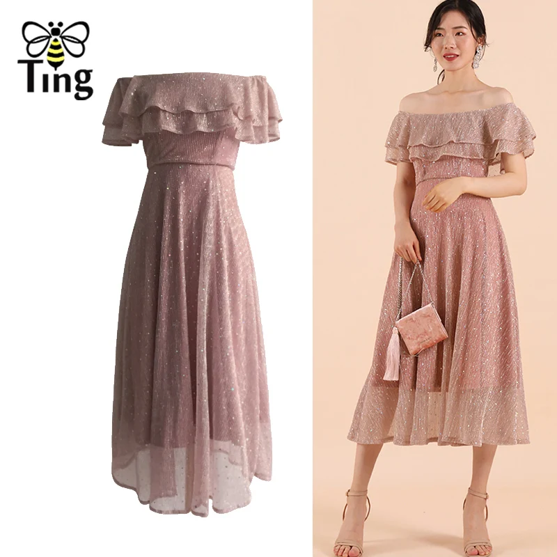 Tingfly 2020 Summer New Vintage Slash Neck Ruffles Pink Midi Dress Sweety Girls Lady Crystal Paved Sundress Vestidos | Женская одежда