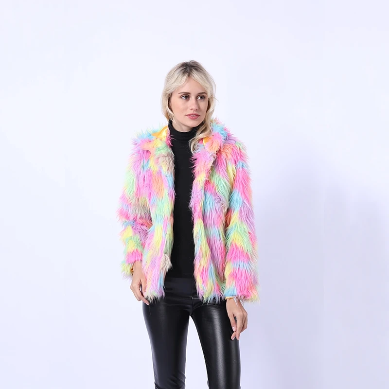 multicolor Зимняя разноцветная куртка из искусственного меха с капюшоном, теплая Повседневная плотная верхняя одежда с длинными рукавами, большие размеры, пальто, парки - Цвет: multicolor