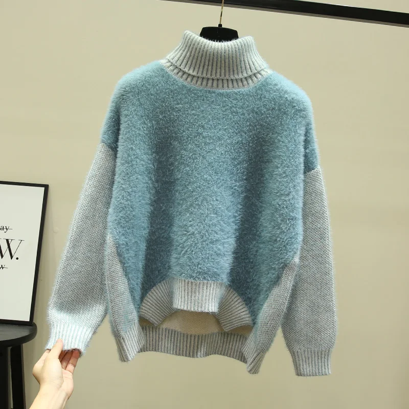 2021 Winter Turtleneck Patchwork Women Sweaters Loose Thicken Warm Lady Elegant Pulls Fashion Outwear Coat Tops | Женская одежда