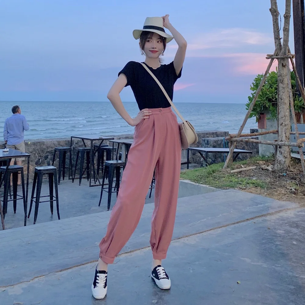 

Photo Shoot 2019 Summer New Style WOMEN'S Dress French Retro CHIC Wind T-shirt + High-waisted Suit Trousers Two-Piece Set