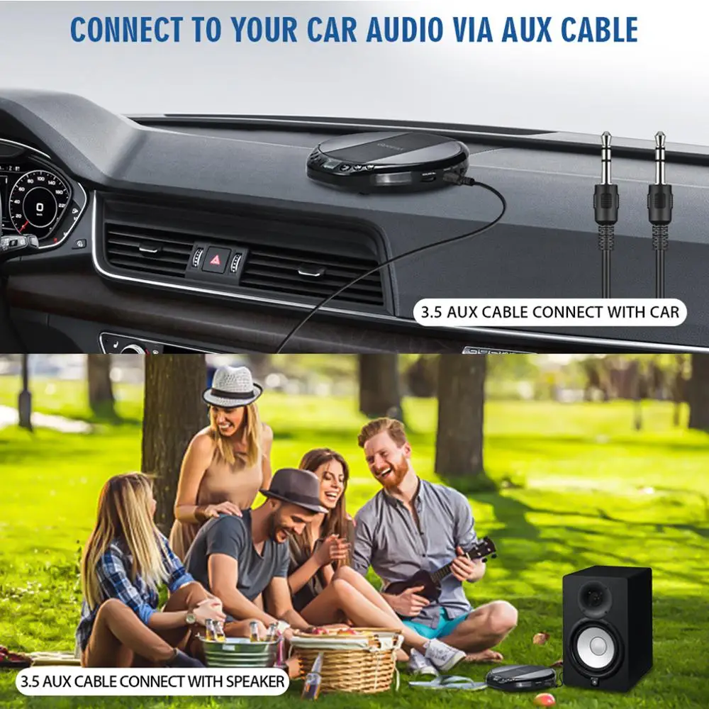 Portable CD Player Personal Compact Walkman CD Player AUX Cable Built-in Headphones HiFi Music Reproductor CD Car Audio Device