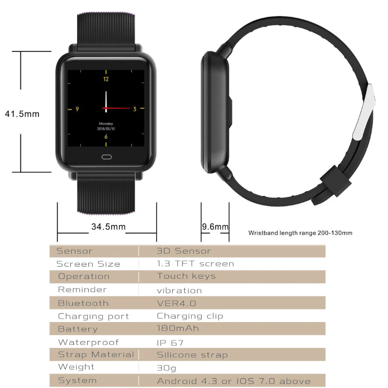 1,3-дюймовый TFT HD смарт часы Q9 Российский шагомер умные спортивные часы для мужские и женские Монитор сердечного ритма артериального давления фитнес браслет Подключение Android iOS телефон+ дополнительный ремешок