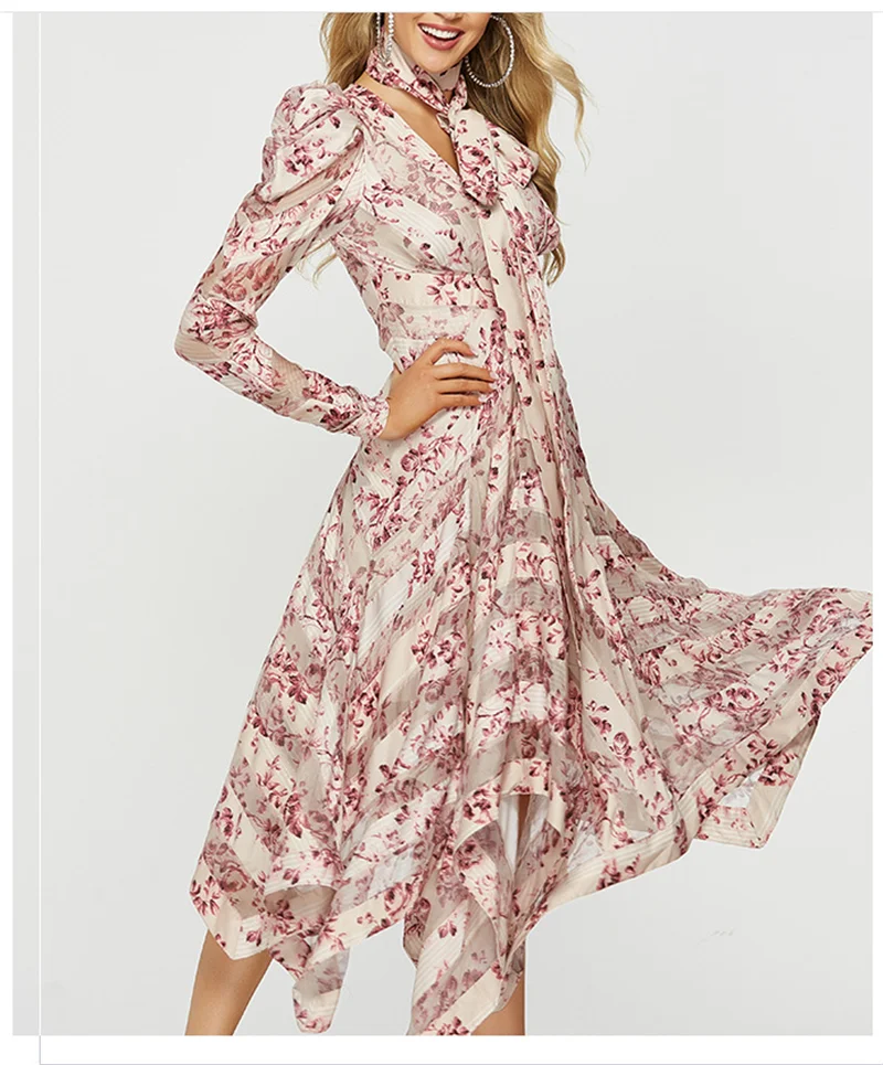 

Women One-piece Elegant Dress Long Sleeve Retro Floral Printed Holiday Party Dress V Neck Bowtie Slim Irregular Dress Vestidos